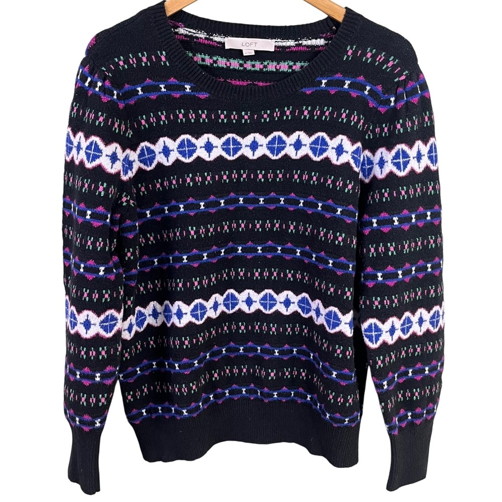 Loft Fair Isle Winter Purple Pink Blue Geometric Sweater Puff Sleeve Extra Large